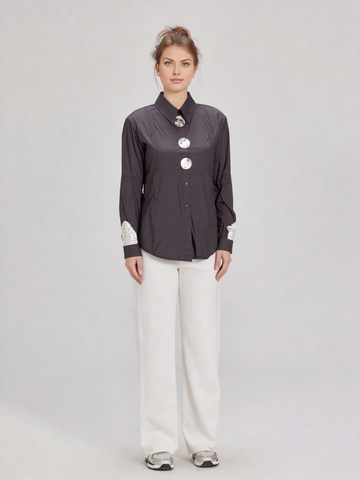 Women's Oversized Metal Buttons & Distressed Denim Patch Sleeves Shirt