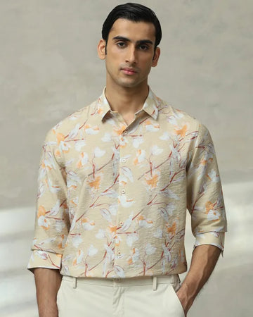 MUFTI Beige Floral Print Slim Fit Casual Shirt