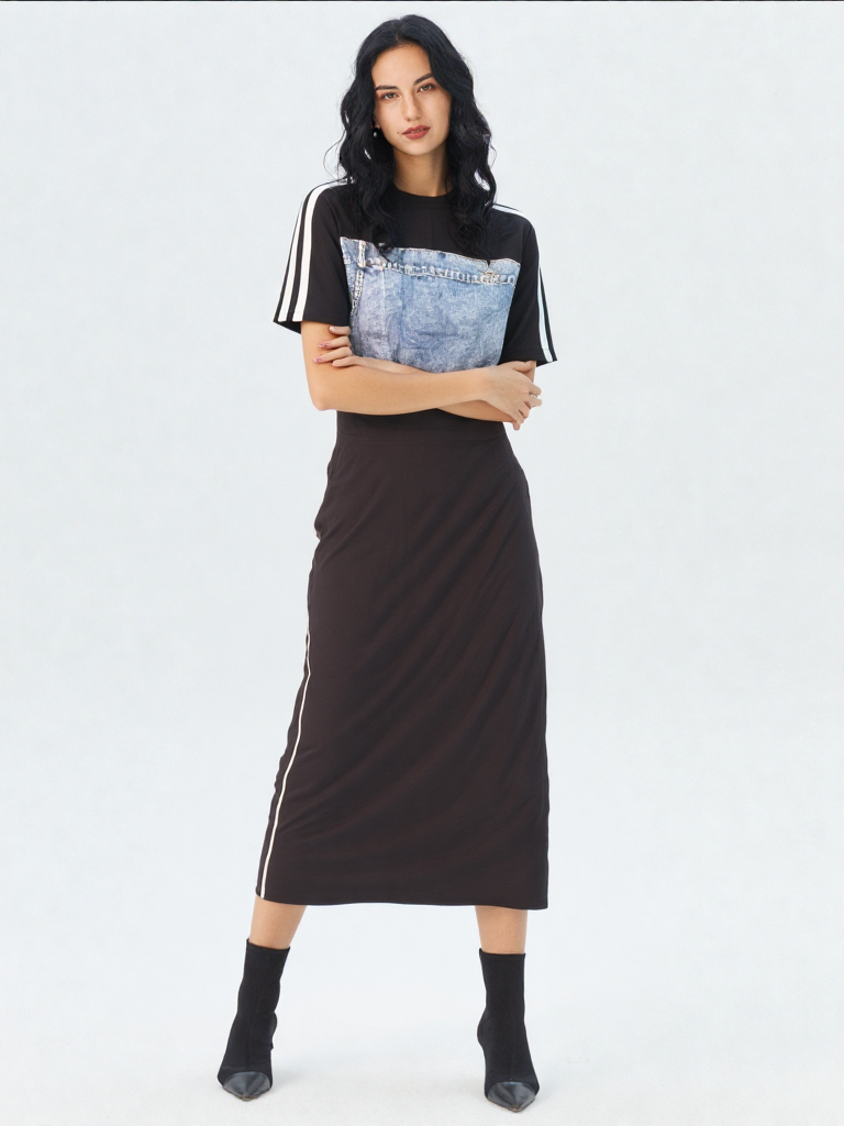 Women's Black Bodycon Dress with Denim Chest Panel