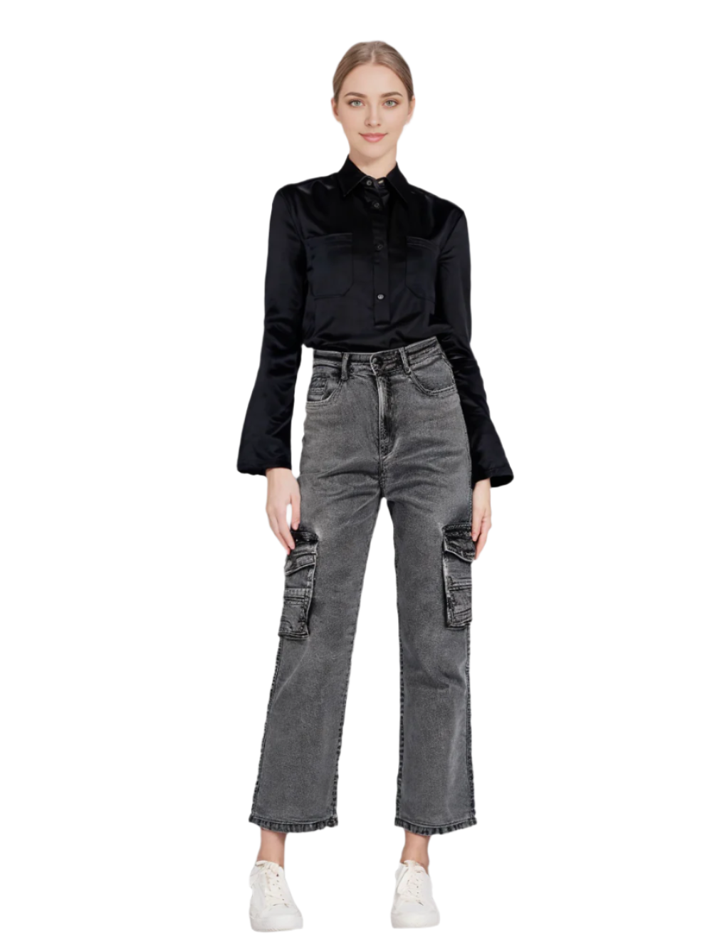 Women's High-Waisted Denim Cargo Pants