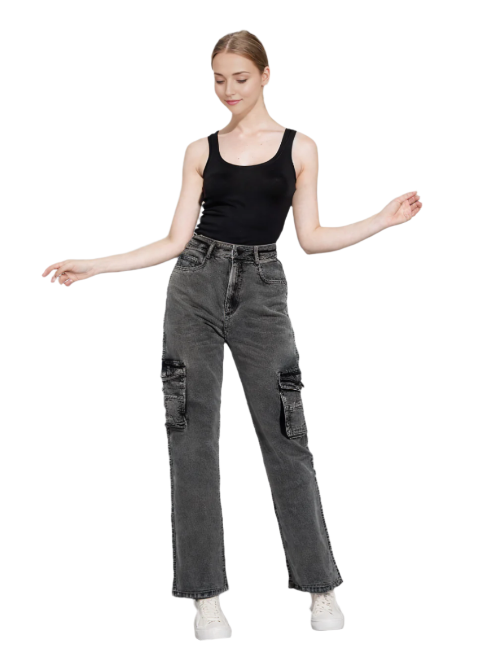 Women's High-Waisted Denim Cargo Pants