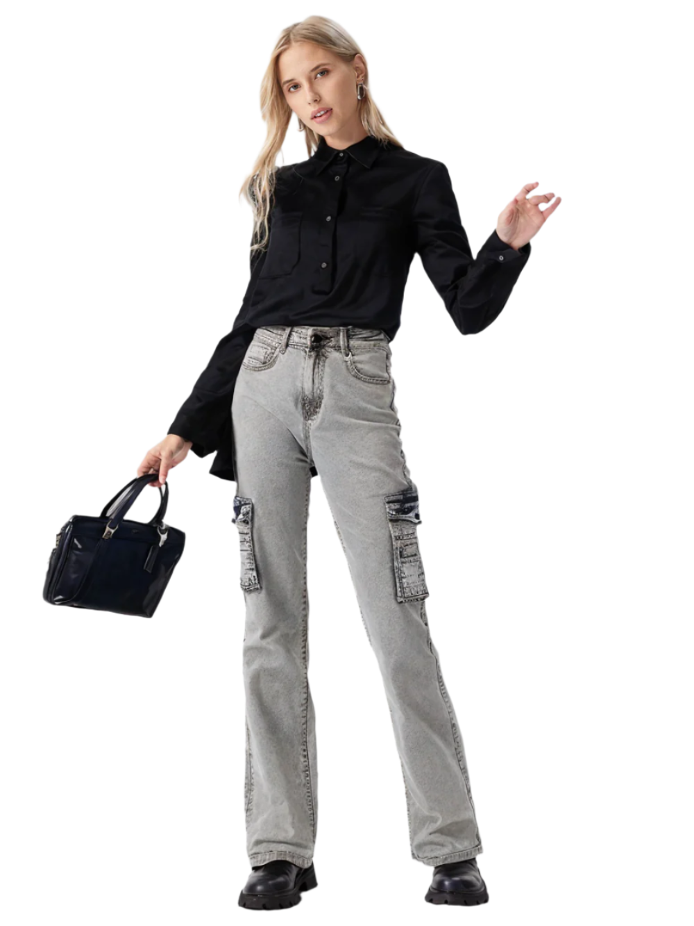 Women's High-Waisted Denim Cargo Pants