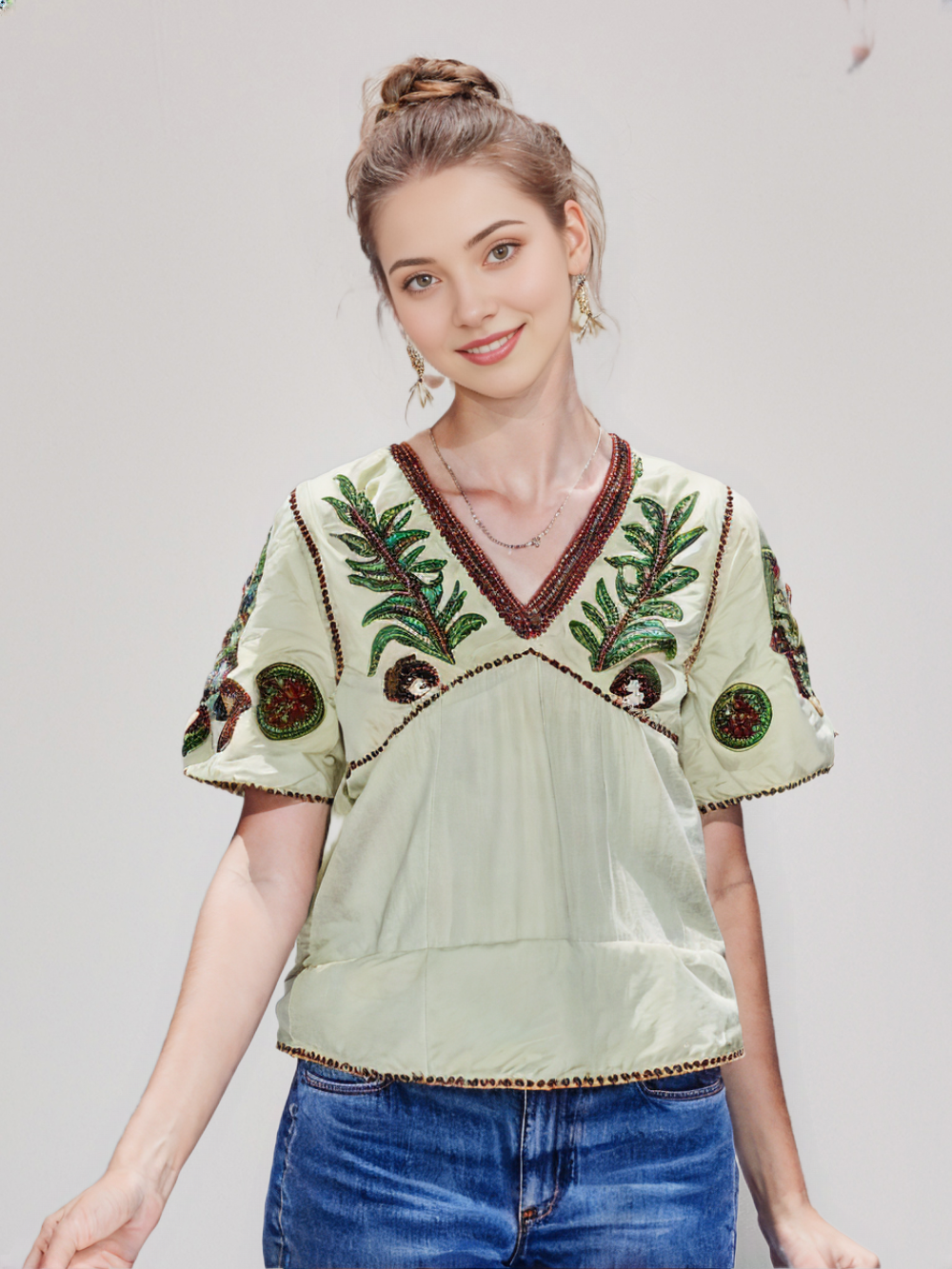 Women's Embroidered V-Neck Top