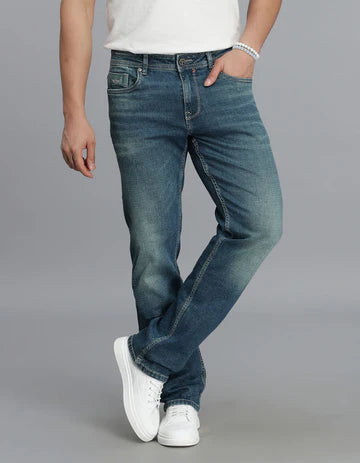 ROOKIES Men's Med Blue 5 Pocket Midrise, Comfort And Straight Fit Jeans