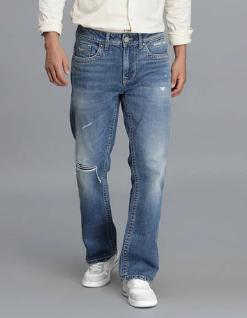 Med Blue 5 Pocket Mid Rise Loose Boot Leg Cropped Jeans