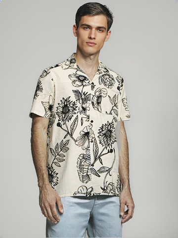Men's White & Black Botanical Print Cuban Collar Shirt – Minimal Floral