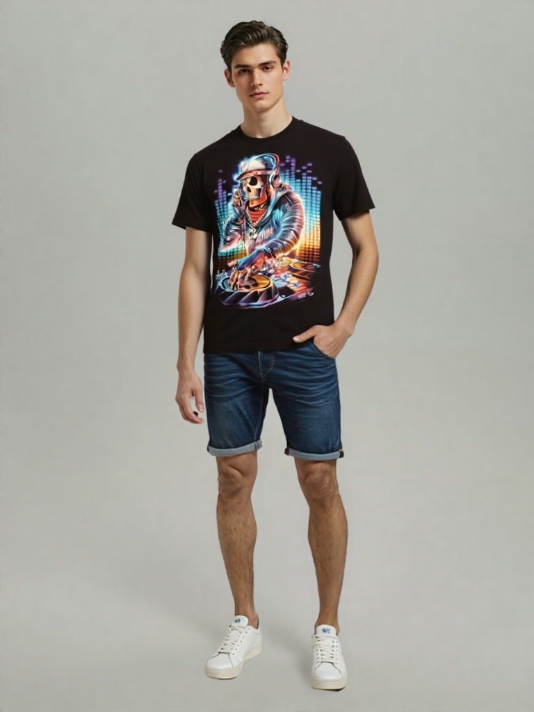 Men DJ From the Grave – Neon Skull Party T-Shirt