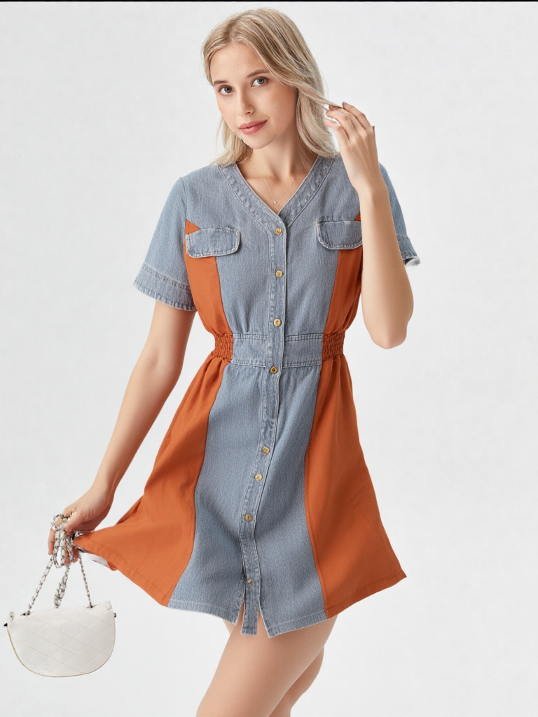 Women's Denim & Colorblock Button-Down Tunic
