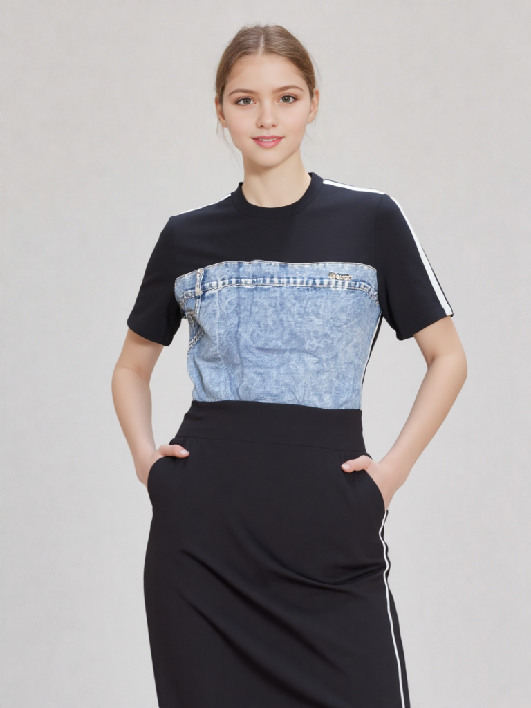 Women's Black Bodycon Dress with Denim Chest Panel