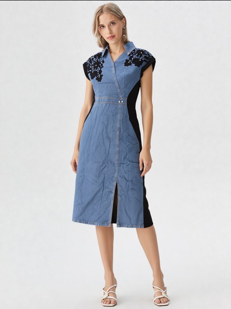 Women's Denim & Black Panel Tunic Dress