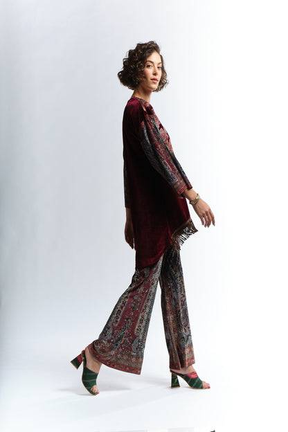 RAGE velvet printed embroidered kurti paired with velvet printed hipster pants