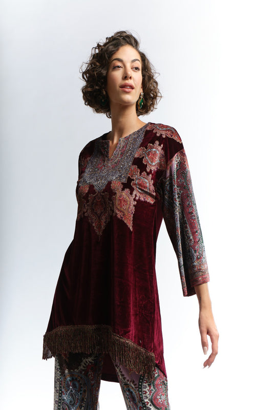 RAGE velvet printed embroidered kurti paired with velvet printed hipster pants