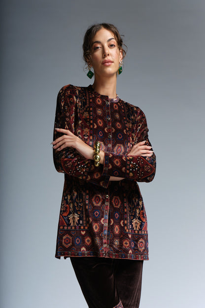 RAGE velvet printed front open top paired with sharara velvet pants.