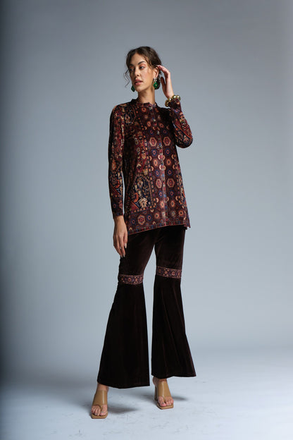 RAGE velvet printed front open top paired with sharara velvet pants.