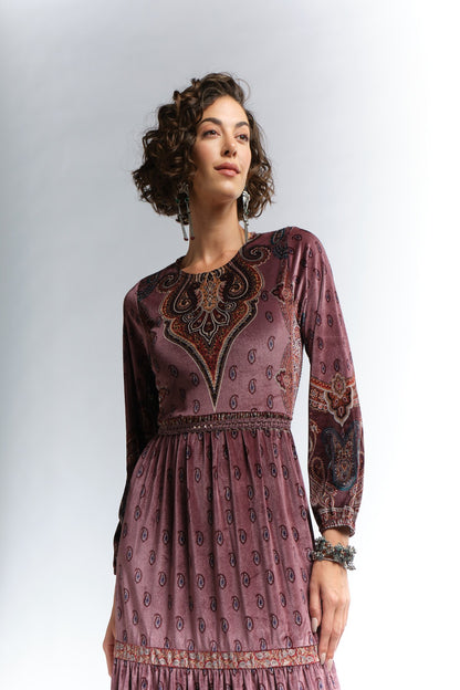 RAGE printed velvet maxi- layered dress with hand embellishment.