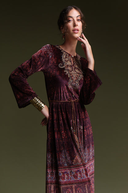 RAGE printed velvet maxi- layered dress with aari embroidery.