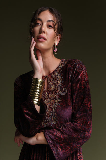 RAGE printed velvet maxi- layered dress with aari embroidery.