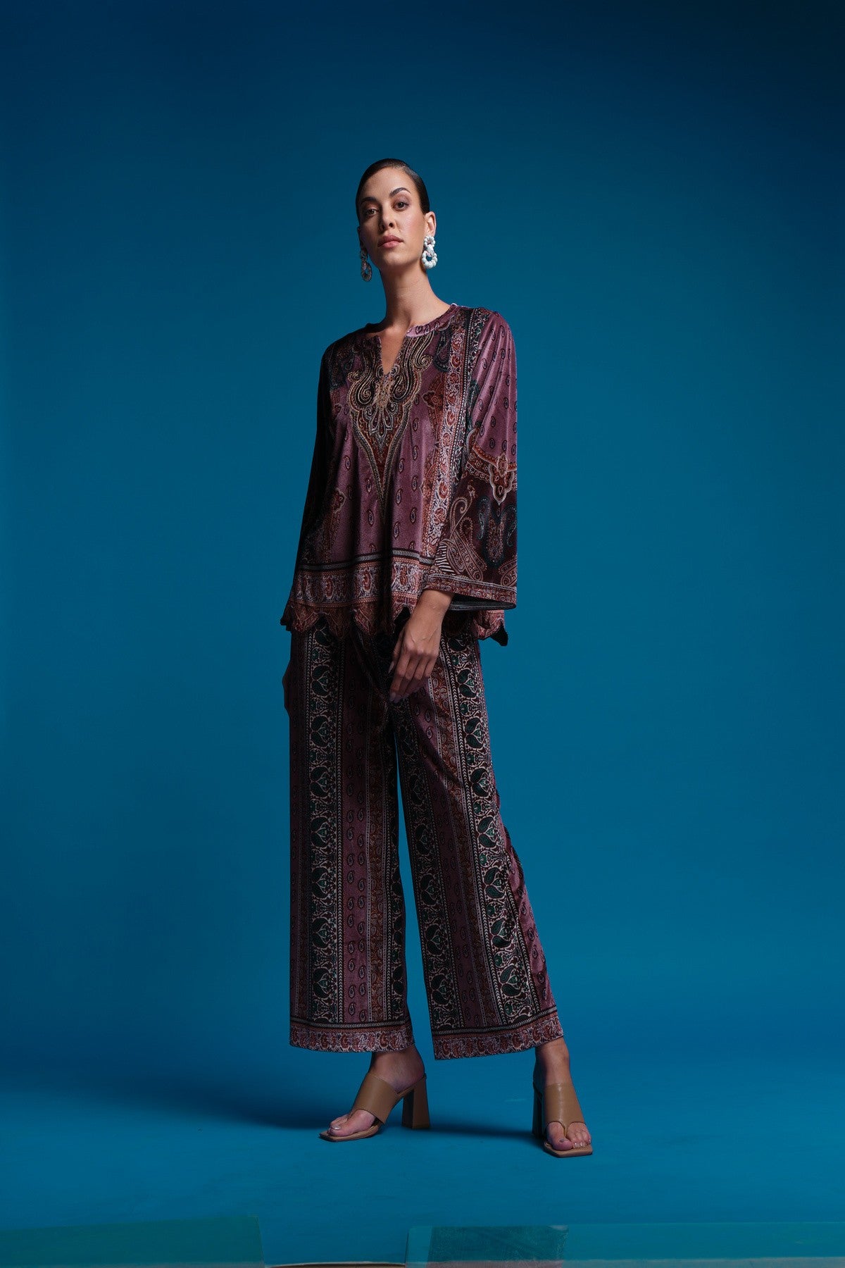 RAGE velvet printed A-line loose fit top paired with flared pants!