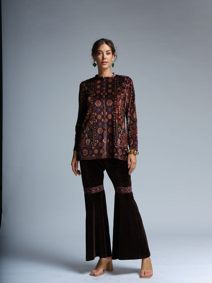 RAGE velvet printed front open top paired with sharara velvet pants.