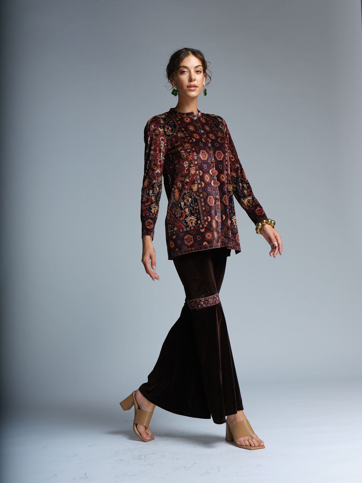 RAGE velvet printed front open top paired with sharara velvet pants.