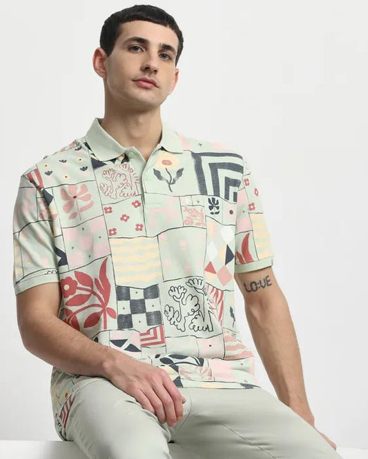 MUFTI Green Abstract Print Regular Fit T-Shirt