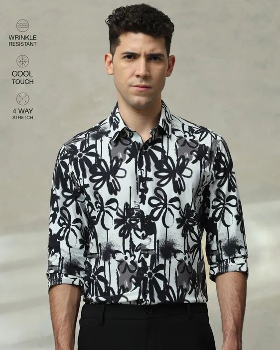 MUFTI Black Scuba Print Stretch Slim Fit Casual Shirt