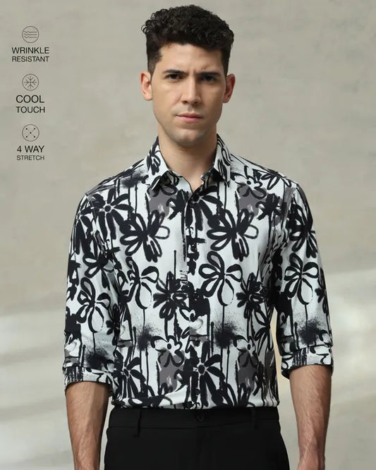 MUFTI Black Scuba Print Stretch Slim Fit Casual Shirt