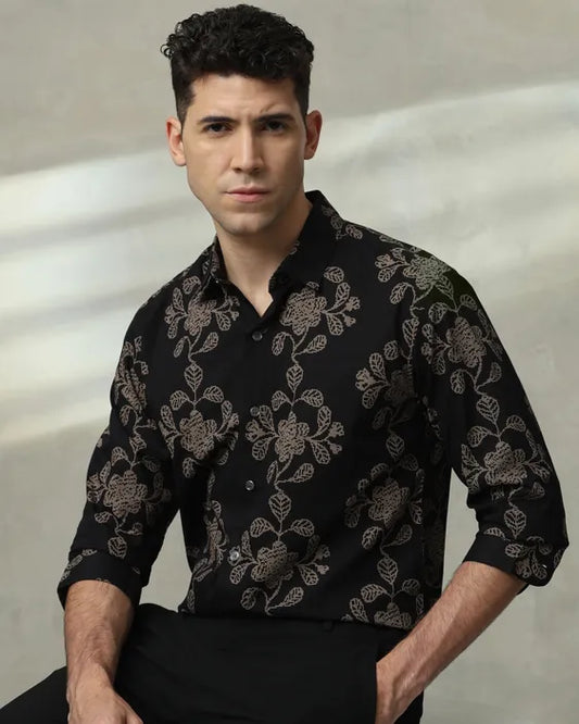 MUFTI Black Floral Print Slim Fit Casual Shirt