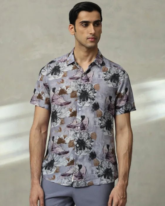MUFTI Lilac Floral Print Slim Fit Casual Shirt