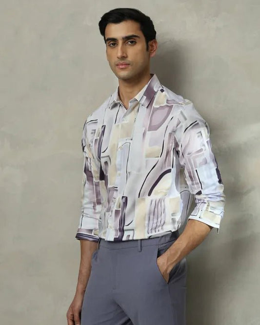 MUFTI Lilac Abstract Print Slim Fit Casual Shirt