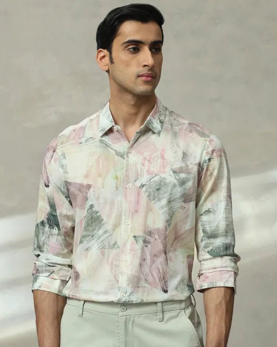MUFTI Pastel Pink Digital Print Slim Fit Casual Shirt