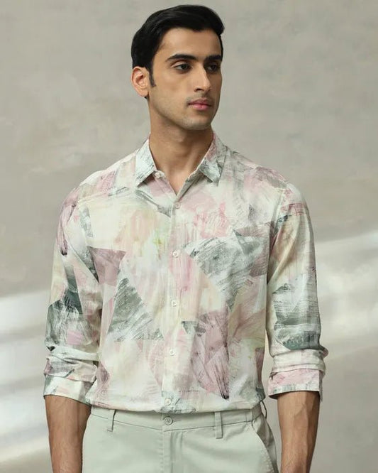 MUFTI Pastel Pink Digital Print Slim Fit Casual Shirt
