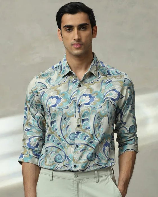 MUFTI Teal Leaf Print Slim Fit Casual Shirt