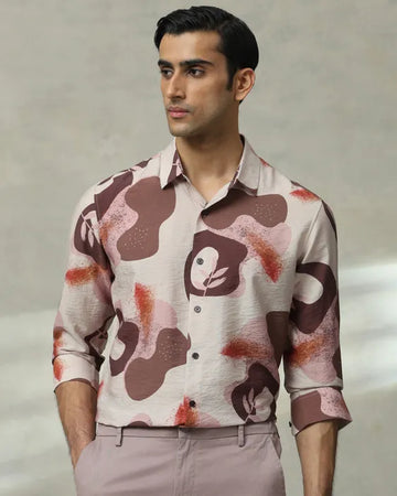 MUFTI Brown Leaf Print Slim Fit Casual Shirt
