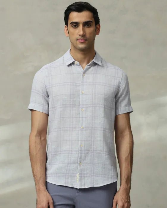 MUFTI Lilac Square Check Slim Fit Casual Shirt