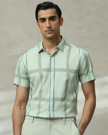 MUFTI Light Green Large Check Slim Fit Casual Shirt