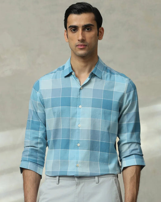 MUFTI Teal Large Check Slim Fit Casual Shirt