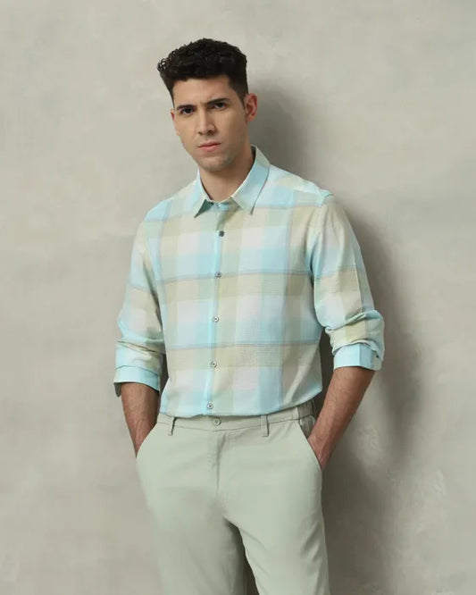 MUFTI Light Blue Seersucker Check Slim Fit Casual Shirt