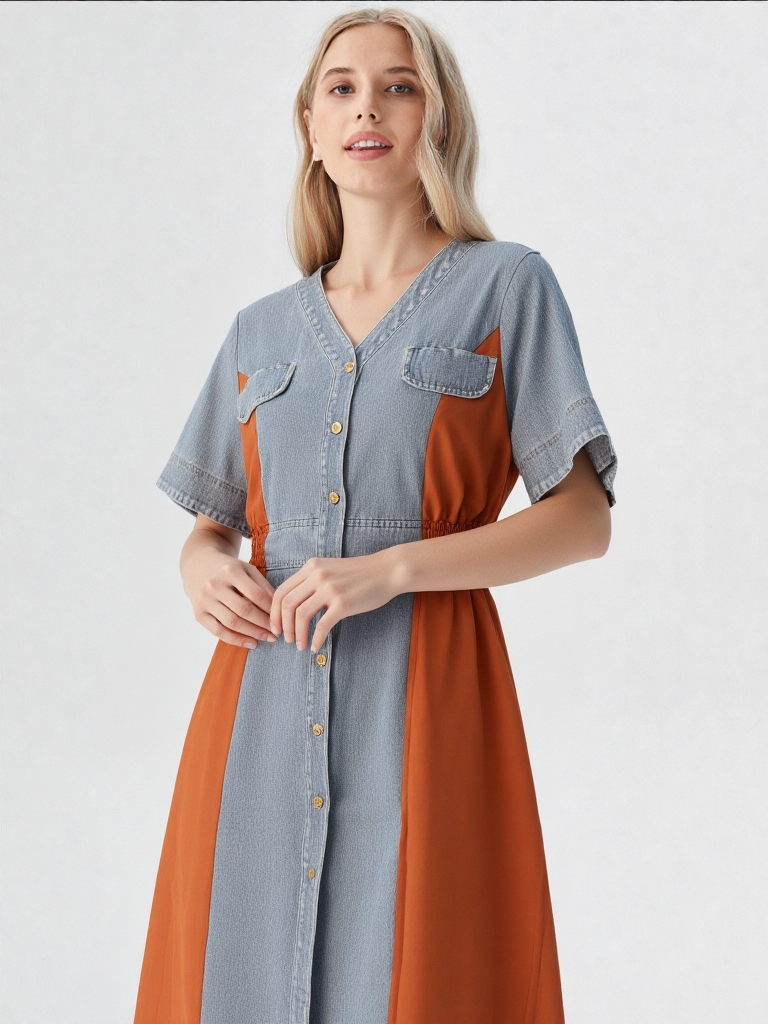 Women's Denim & Colorblock Button-Down Tunic