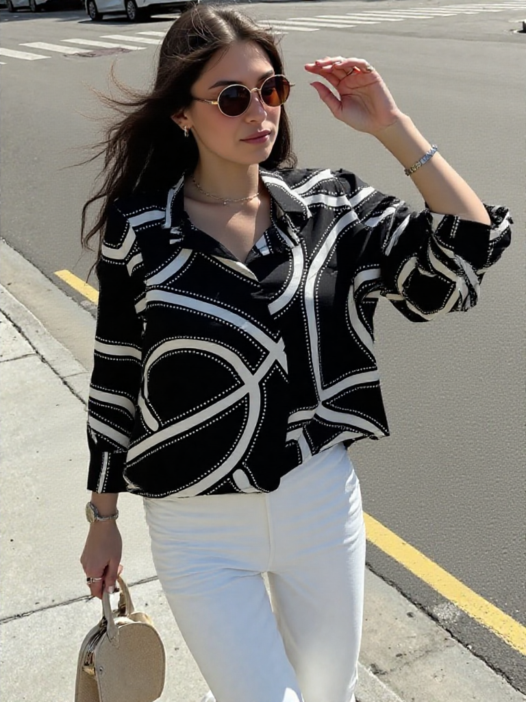 Women's Geometric Pattern Satin Shirt