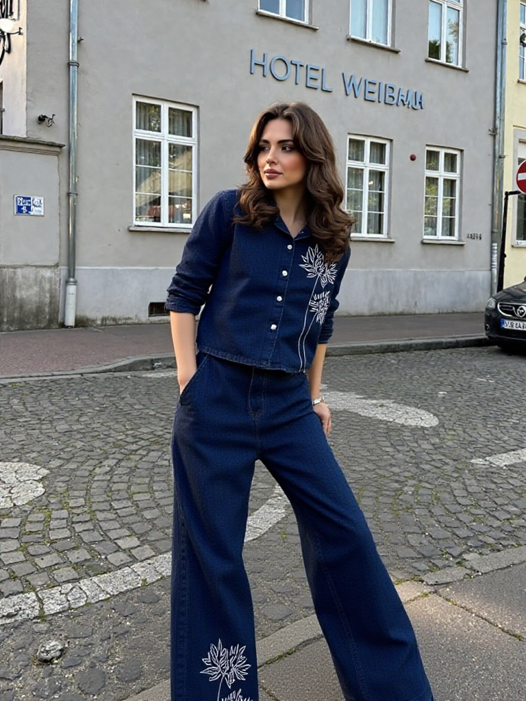 Women's Cotton Denim fabric with flower design Co-Ord set