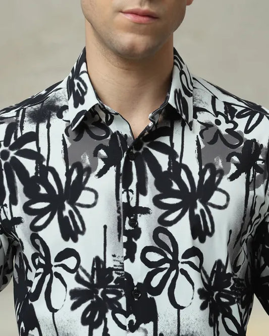 MUFTI Black Scuba Print Stretch Slim Fit Casual Shirt