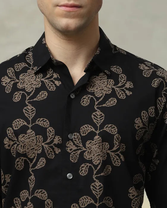 MUFTI Black Floral Print Slim Fit Casual Shirt