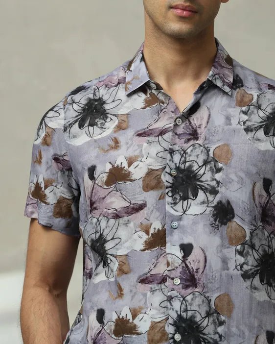 MUFTI Lilac Floral Print Slim Fit Casual Shirt