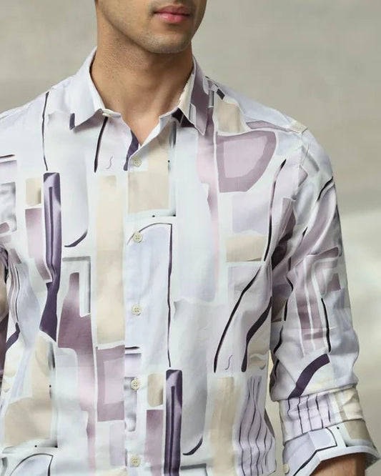 MUFTI Lilac Abstract Print Slim Fit Casual Shirt