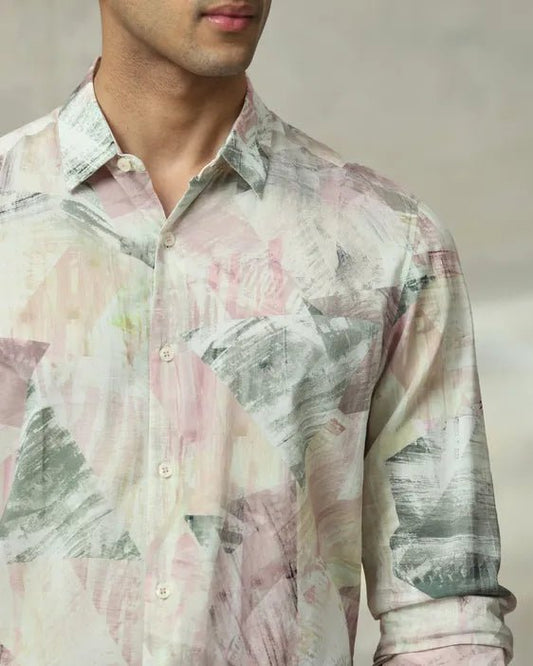 MUFTI Pastel Pink Digital Print Slim Fit Casual Shirt