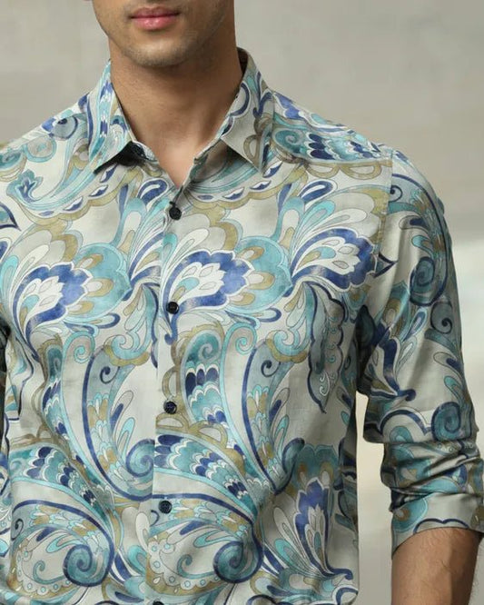 MUFTI Teal Leaf Print Slim Fit Casual Shirt