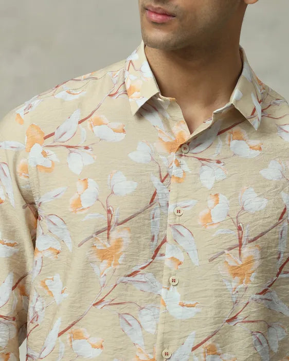 MUFTI Beige Floral Print Slim Fit Casual Shirt