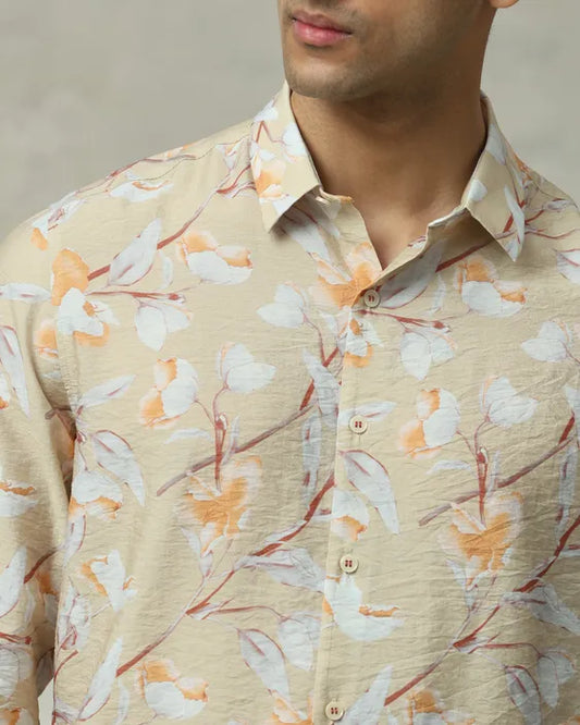 MUFTI Beige Floral Print Slim Fit Casual Shirt