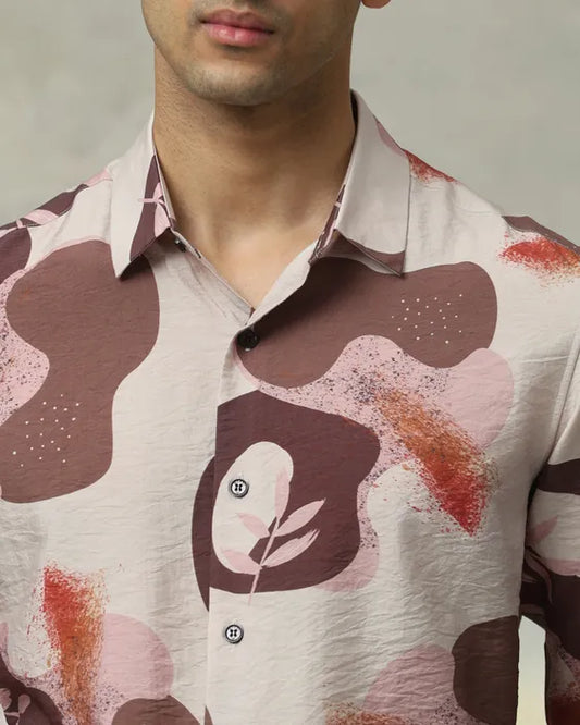 MUFTI Brown Leaf Print Slim Fit Casual Shirt